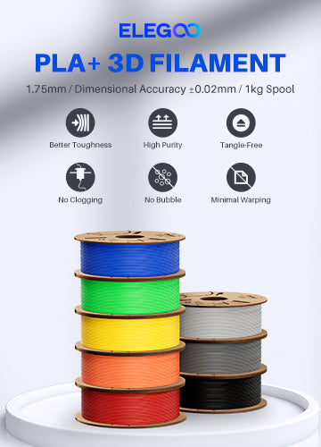 Stacked spools of ELEGOO PLA Plus 3D printer filament in multiple colors